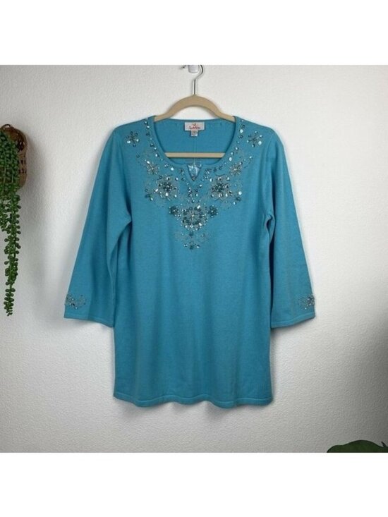 Quacker Factory Sweaters - ✨3/$30  Quacker Factory S Blue Snowflake Winter Holidays Embellished Sweater Top